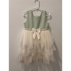American Princess Girls Sage Green Cream Tulle Tiered Party Dress Size 4 Formal